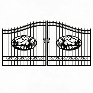 16 ft. Wrought Iron Driveway Gate - Deer Design, Heavy-Duty